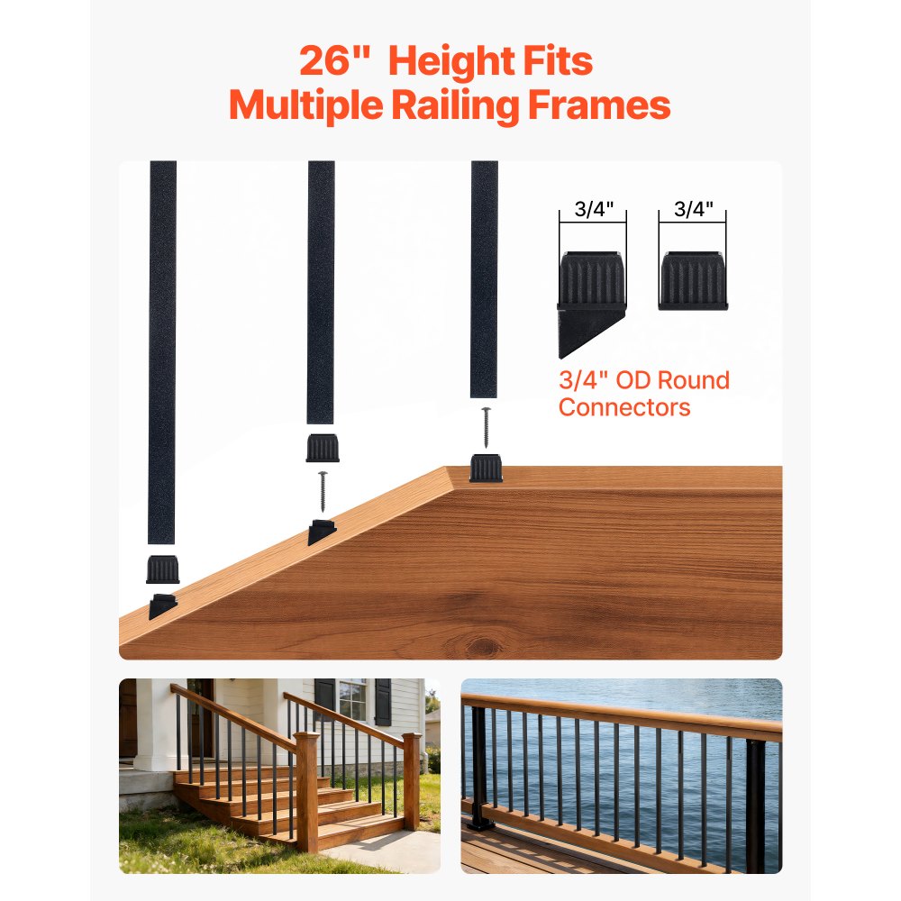 VEVOR 125 Pack Deck Balusters, 3/4 in Square x 26 in Long Aluminum Railing Spindles, Hollow Metal Decking Stair Balusters with Connectors, Screws, for Deck, Porch & Staircase Railing Fence, Black