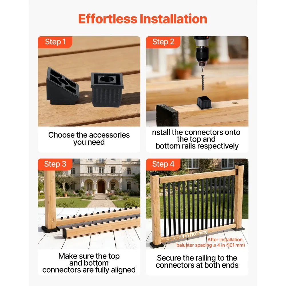 VEVOR 125 Pack Deck Balusters, 3/4 in Square x 26 in Long Aluminum Railing Spindles, Hollow Metal Decking Stair Balusters with Connectors, Screws, for Deck, Porch & Staircase Railing Fence, Black