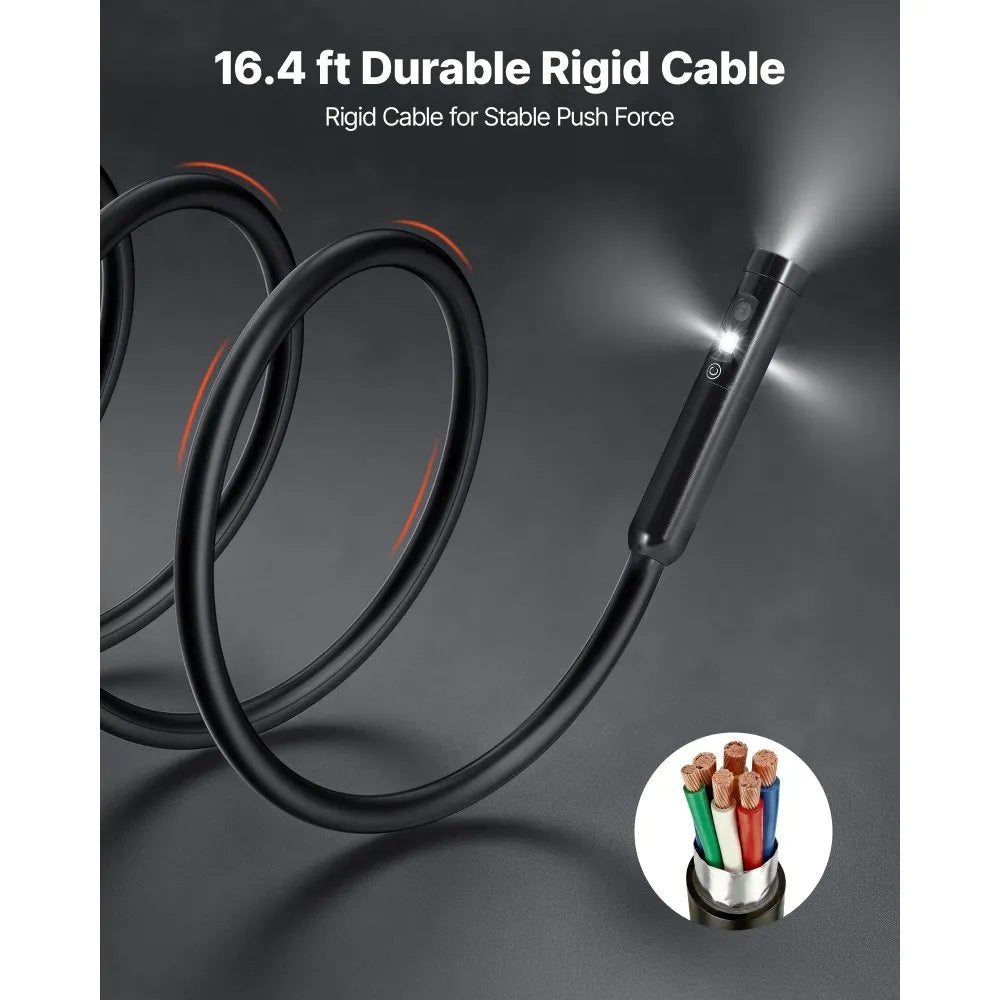 VEVOR Triple Lens Endoscope with Light, 4.5" HD IPS Screen Industrial Borescope Camera, 8 + 2 Lights, 8X Zoom, IP67 Waterproof Inspection Snake Camera for Automotive, Plumbing (16.4FT Rigid Cable)