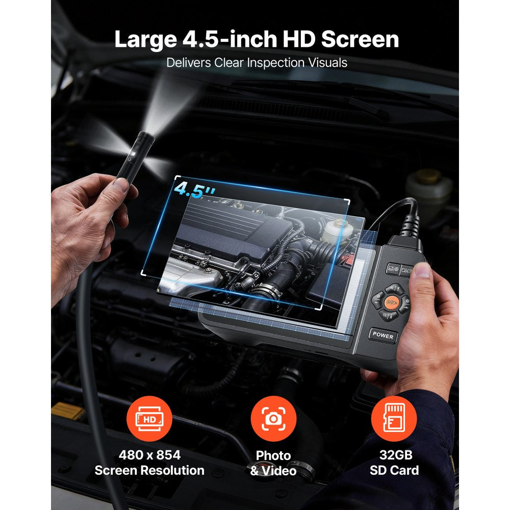 VEVOR Triple Lens Endoscope with Light, 4.5" HD IPS Screen Industrial Borescope Camera, 8 + 2 Lights, 8X Zoom, IP67 Waterproof Inspection Snake Camera for Automotive, Plumbing (16.4FT Rigid Cable)