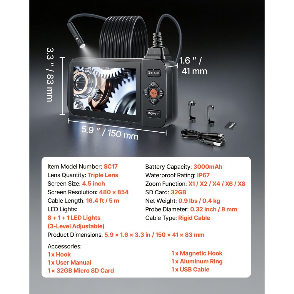 VEVOR Triple Lens Endoscope with Light, 4.5" HD IPS Screen Industrial Borescope Camera, 8 + 2 Lights, 8X Zoom, IP67 Waterproof Inspection Snake Camera for Automotive, Plumbing (16.4FT Rigid Cable)