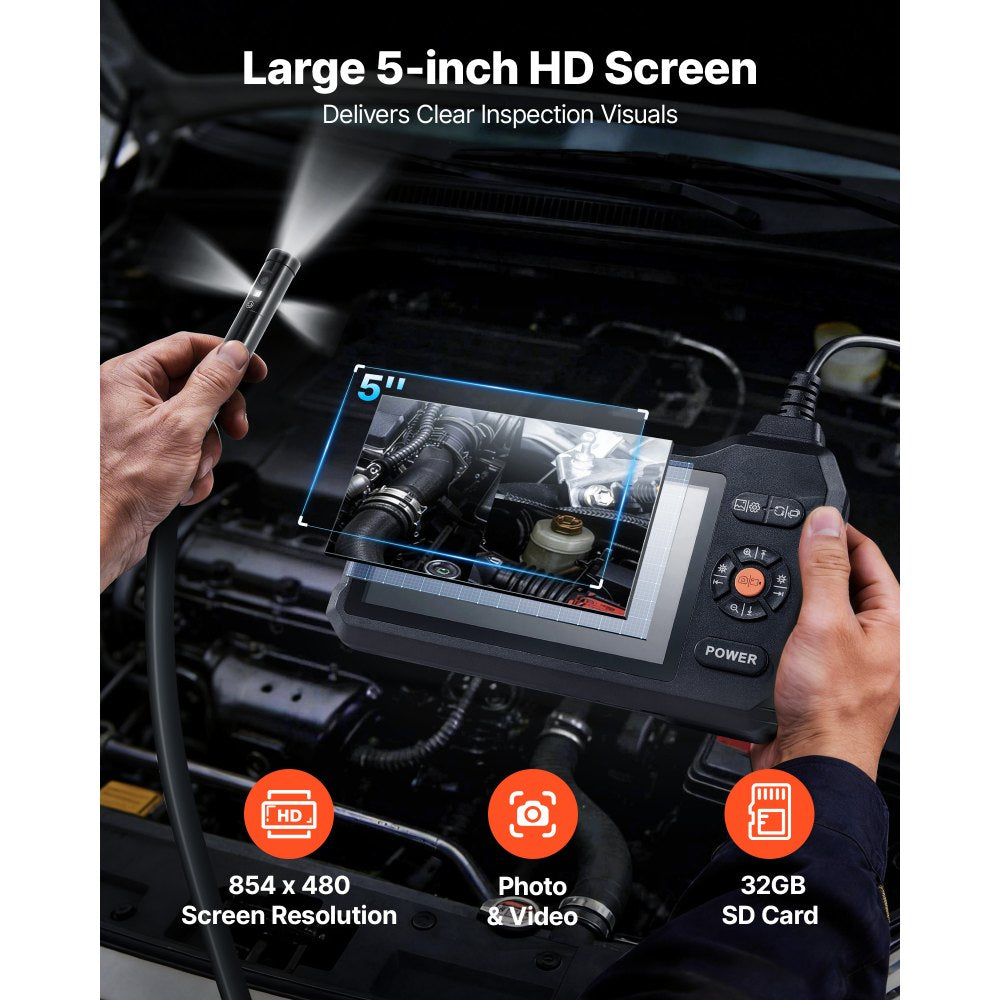 VEVOR Triple Lens Endoscope with Light, 5" HD IPS Screen Industrial Borescope, 1280 x 720 Lens, 8 + 2 LEDs, 8X Zoom, IP67 Waterproof Inspection Snake Camera for Auto, Plumbing (16.4FT Rigid Cable)