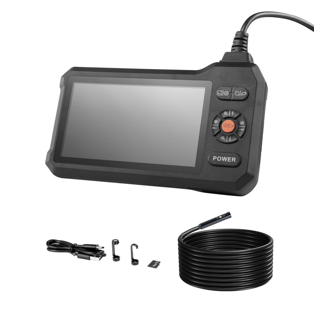VEVOR Triple Lens Endoscope with Light, 5" HD IPS Screen Industrial Borescope, 1280 x 720 Lens, 8 + 2 LEDs, 8X Zoom, IP67 Waterproof Inspection Snake Camera for Auto, Plumbing (16.4FT Rigid Cable)