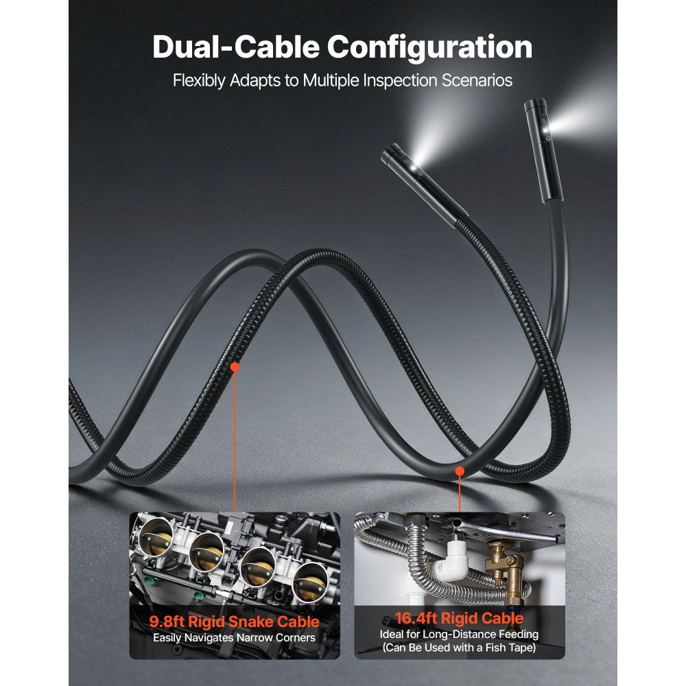 VEVOR Triple Lens Endoscope with Dual-Cable Setup, Industrial Borescope with Light, 7" HD IPS Spilt-Screen, 8 + 2 LEDs, 8X Zoom, IP67 Waterproof Snake Camera for Auto, Plumbing (16.4FT + 9.8FT Cables)