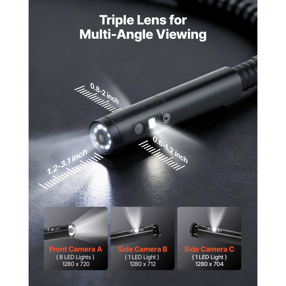 VEVOR Triple Lens Endoscope with Dual-Cable Setup, Industrial Borescope with Light, 7" HD IPS Spilt-Screen, 8 + 2 LEDs, 8X Zoom, IP67 Waterproof Snake Camera for Auto, Plumbing (16.4FT + 9.8FT Cables)