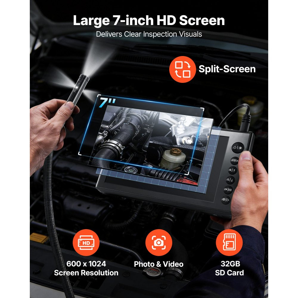VEVOR Triple Lens Endoscope with Dual-Cable Setup, Industrial Borescope with Light, 7" HD IPS Spilt-Screen, 8 + 2 LEDs, 8X Zoom, IP67 Waterproof Snake Camera for Auto, Plumbing (16.4FT + 9.8FT Cables)