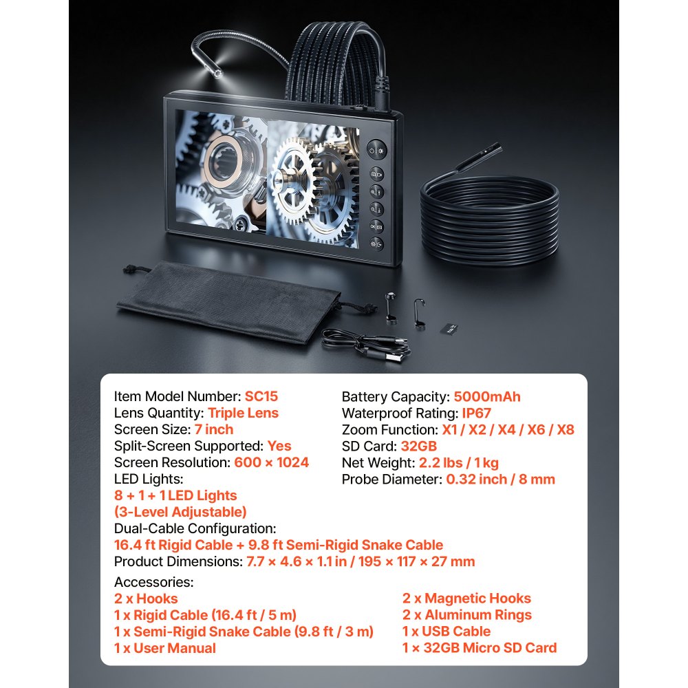 VEVOR Triple Lens Endoscope with Dual-Cable Setup, Industrial Borescope with Light, 7" HD IPS Spilt-Screen, 8 + 2 LEDs, 8X Zoom, IP67 Waterproof Snake Camera for Auto, Plumbing (16.4FT + 9.8FT Cables)
