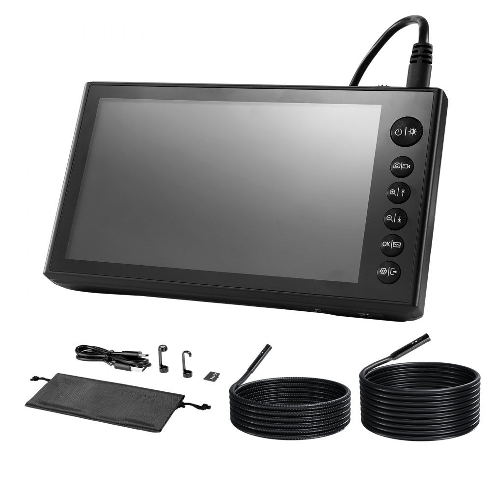 VEVOR Triple Lens Endoscope with Dual-Cable Setup, Industrial Borescope with Light, 7" HD IPS Spilt-Screen, 8 + 2 LEDs, 8X Zoom, IP67 Waterproof Snake Camera for Auto, Plumbing (16.4FT + 9.8FT Cables)