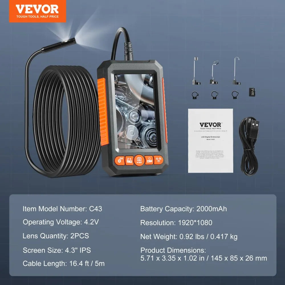 VEVOR Endoscope Camera with Light, Dual Lens Industrial Borescope, 4.3" Screen 1080P Inspection Camera, 8 + 1 Lights, 4X Zoom, IP67 Waterproof Snake Camera for Auto, Plumbing (16.4FT Cable, 32GB Card)