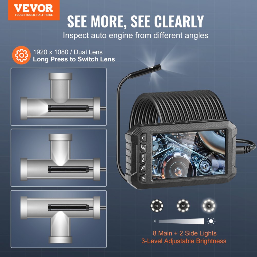 VEVOR Endoscope Camera with Light, Triple Lens Borescope with 49.2FT Semi-Rigid Cable, 5" Screen 1080P Inspection Camera, 8 + 2 LED Lights, IP67 Waterproof Snake Camera for Auto, Plumbing (32GB Card)