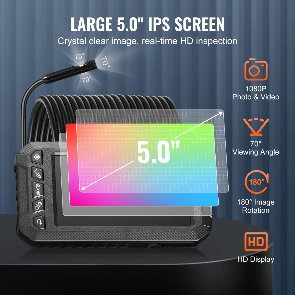 VEVOR Endoscope Camera with Light, Triple Lens Borescope with 49.2FT Semi-Rigid Cable, 5" Screen 1080P Inspection Camera, 8 + 2 LED Lights, IP67 Waterproof Snake Camera for Auto, Plumbing (32GB Card)