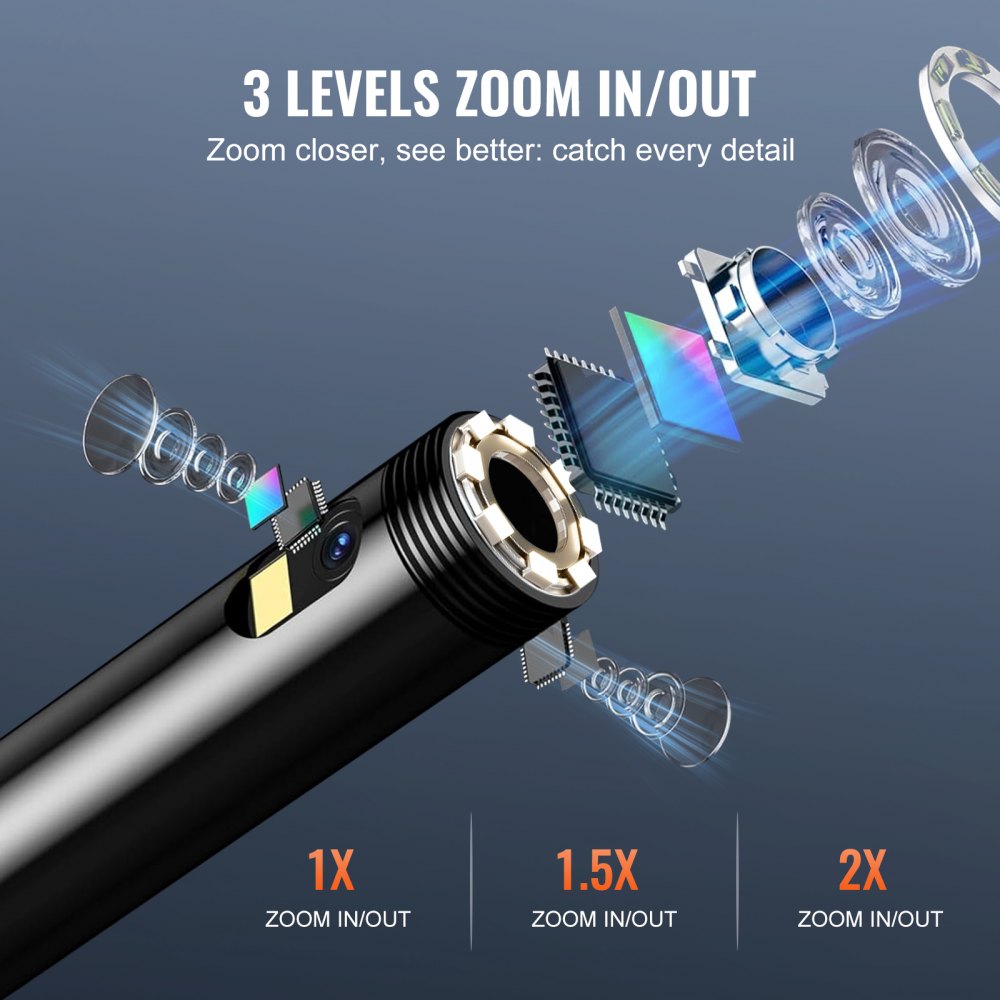VEVOR Endoscope Camera with Light, Triple Lens Borescope with 49.2FT Semi-Rigid Cable, 5" Screen 1080P Inspection Camera, 8 + 2 LED Lights, IP67 Waterproof Snake Camera for Auto, Plumbing (32GB Card)