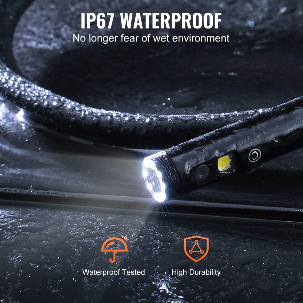 VEVOR Endoscope Camera with Light, Triple Lens Borescope with 49.2FT Semi-Rigid Cable, 5" Screen 1080P Inspection Camera, 8 + 2 LED Lights, IP67 Waterproof Snake Camera for Auto, Plumbing (32GB Card)