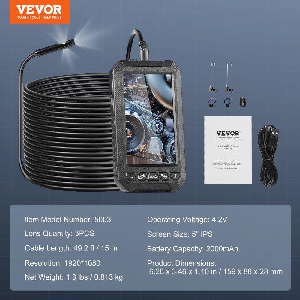 VEVOR Endoscope Camera with Light, Triple Lens Borescope with 49.2FT Semi-Rigid Cable, 5" Screen 1080P Inspection Camera, 8 + 2 LED Lights, IP67 Waterproof Snake Camera for Auto, Plumbing (32GB Card)