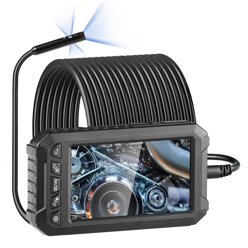 VEVOR Endoscope Camera with Light, Triple Lens Borescope with 49.2FT Semi-Rigid Cable, 5" Screen 1080P Inspection Camera, 8 + 2 LED Lights, IP67 Waterproof Snake Camera for Auto, Plumbing (32GB Card)