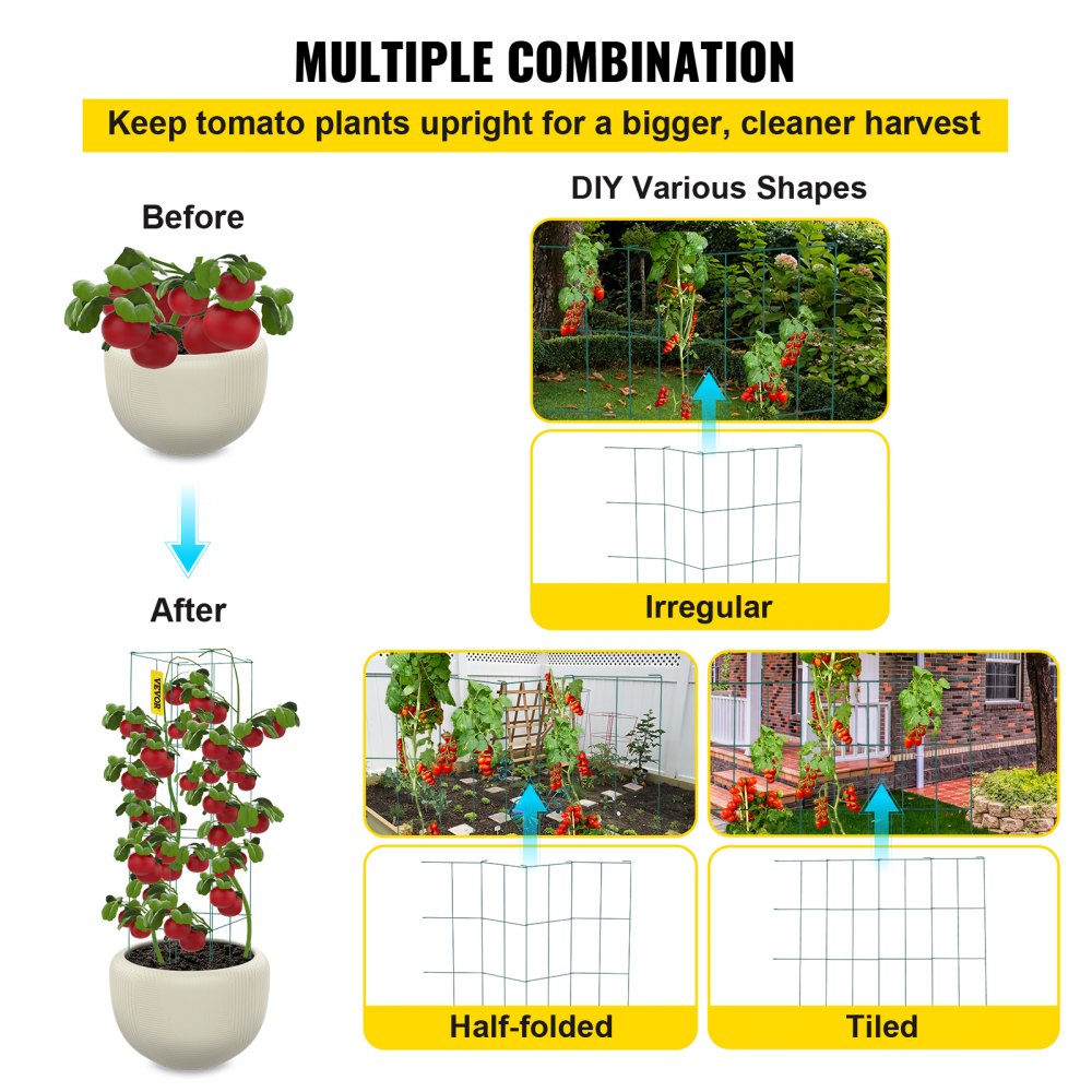 VEVOR Tomato Cages, 14.6\" x 14.6\" x 39.4\", 6 Packs Square Plant Support Cages, Green PVC-Coated Steel Tomato Towers for Climbing Vegetables, Plants, Flowers, Fruits