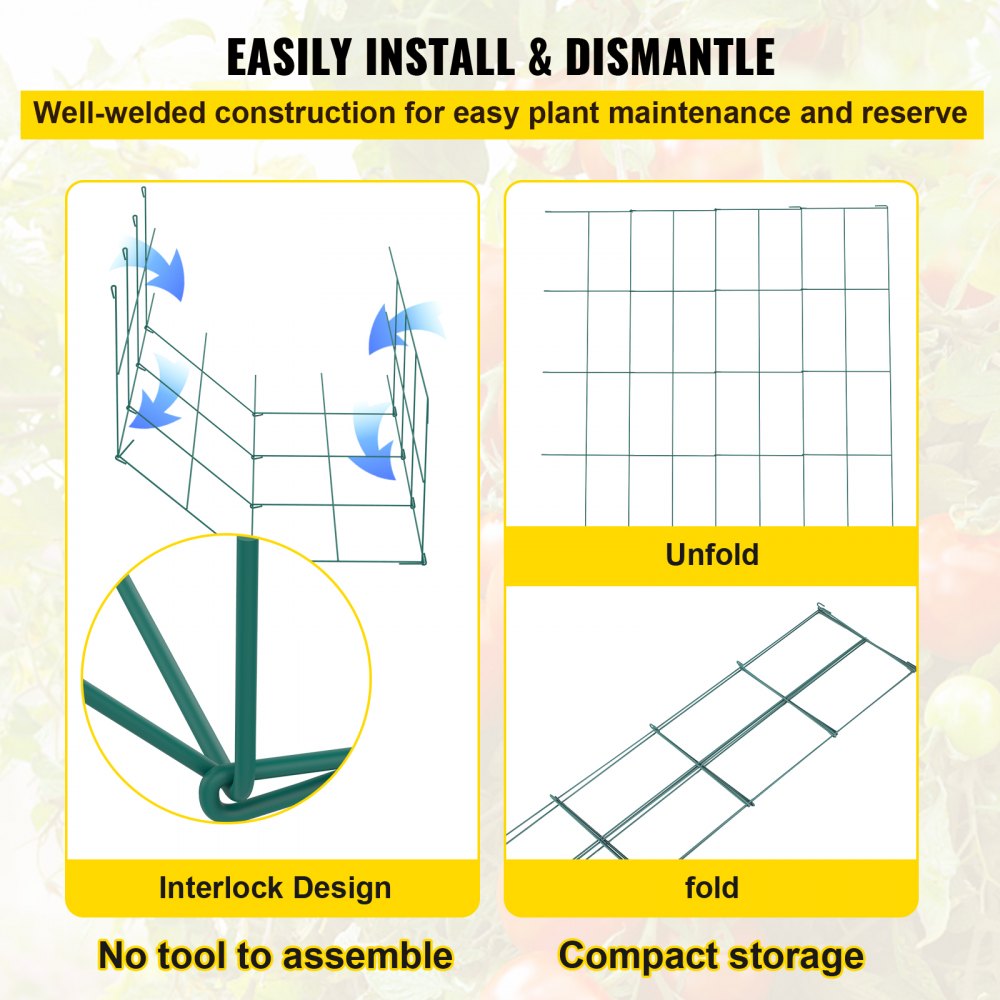 VEVOR Tomato Cages, 14.6\" x 14.6\" x 39.4\", 6 Packs Square Plant Support Cages, Green PVC-Coated Steel Tomato Towers for Climbing Vegetables, Plants, Flowers, Fruits
