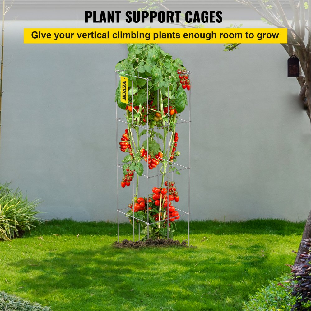 VEVOR Tomato Cages, 11.8\" x 11.8\" x 46.1\", 5 Packs Square Plant Support Cages, Silver PVC-Coated Steel Tomato Towers for Climbing Vegetables, Plants, Flowers, Fruits