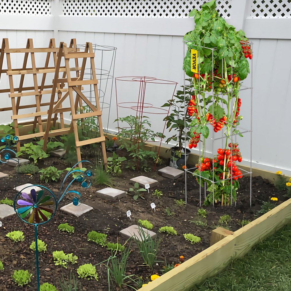 VEVOR Tomato Cages, 11.8\" x 11.8\" x 46.1\", 5 Packs Square Plant Support Cages, Silver PVC-Coated Steel Tomato Towers for Climbing Vegetables, Plants, Flowers, Fruits