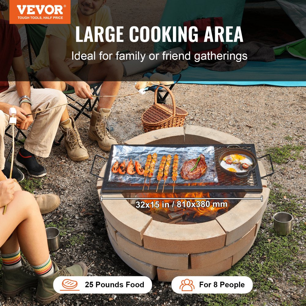 VEVOR X-Marks Fire Pit Grill Grate, Rectangle Cooking Grate, Heavy Duty Steel Campfire BBQ Grill Grid with Handle & Support X Wire, Portable Camping Cookware for Outside Party Gathering, 32 Inch Black