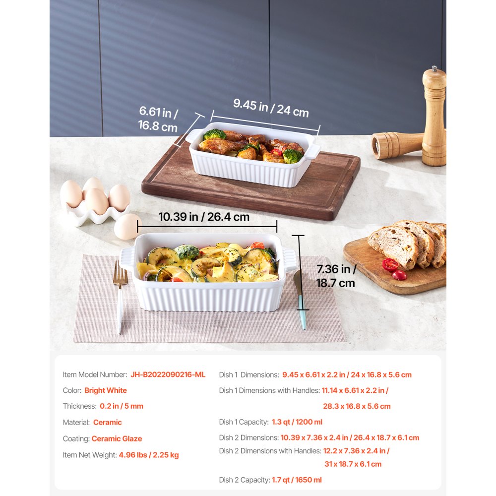VEVOR Ceramic Baking Dish, 7" x 11", Bakeware Set of 2, Rectangular Casserole Dish Set, Baking Pans with Handles, Oven Secure, Lasagna Pans Deep for Cooking, Thanksgiving & Christmas Present, White