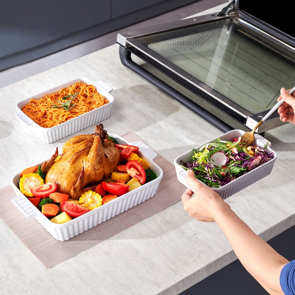 VEVOR Ceramic Baking Dish, 9" x 13", Bakeware Set of 3, Rectangular Casserole Dish Set, Baking Pans with Handles, Oven Secure, Lasagna Pans Deep for Cooking, Thanksgiving & Christmas Present, White