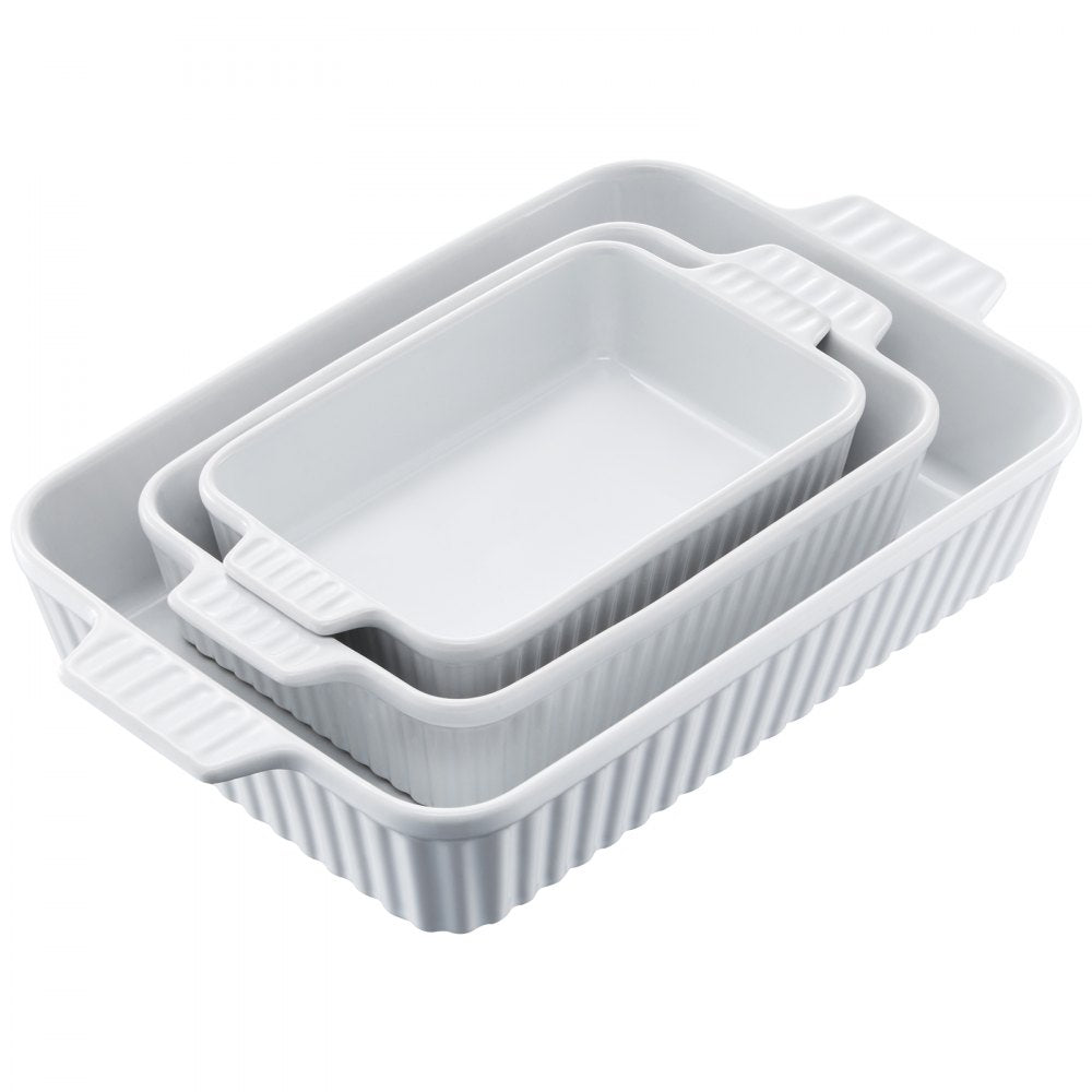 VEVOR Ceramic Baking Dish, 9" x 13", Bakeware Set of 3, Rectangular Casserole Dish Set, Baking Pans with Handles, Oven Secure, Lasagna Pans Deep for Cooking, Thanksgiving & Christmas Present, White