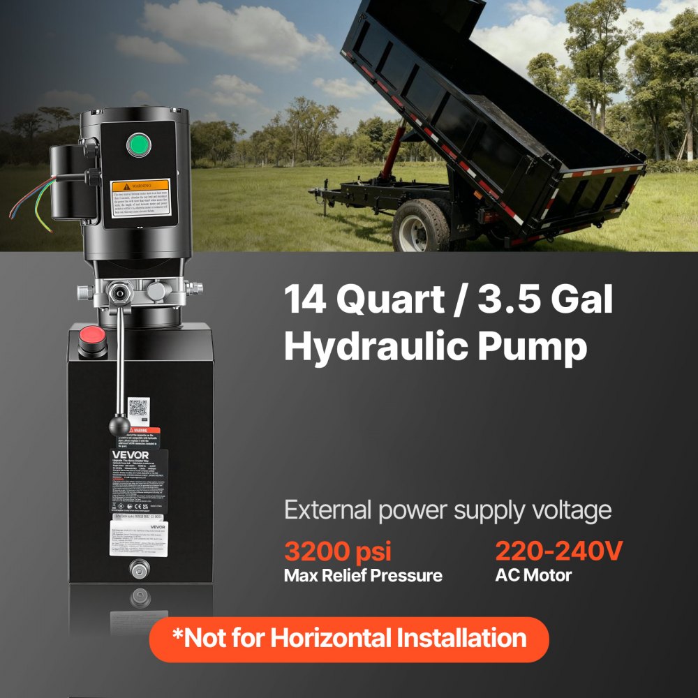 VEVOR 14 Quart Hydraulic Pump, 2.2KW Hydraulic Motor Dump Trailer Pump Single Acting, 3200 PSI Max Relief Pressure, 1.7 GPM Flow Rate, AC220-240V Hydraulic Power Unit Car Lift (Vertical Installation)