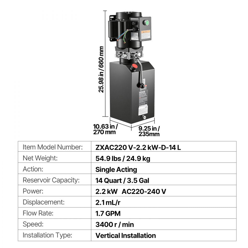 VEVOR 14 Quart Hydraulic Pump, 2.2KW Hydraulic Motor Dump Trailer Pump Single Acting, 3200 PSI Max Relief Pressure, 1.7 GPM Flow Rate, AC220-240V Hydraulic Power Unit Car Lift (Vertical Installation)