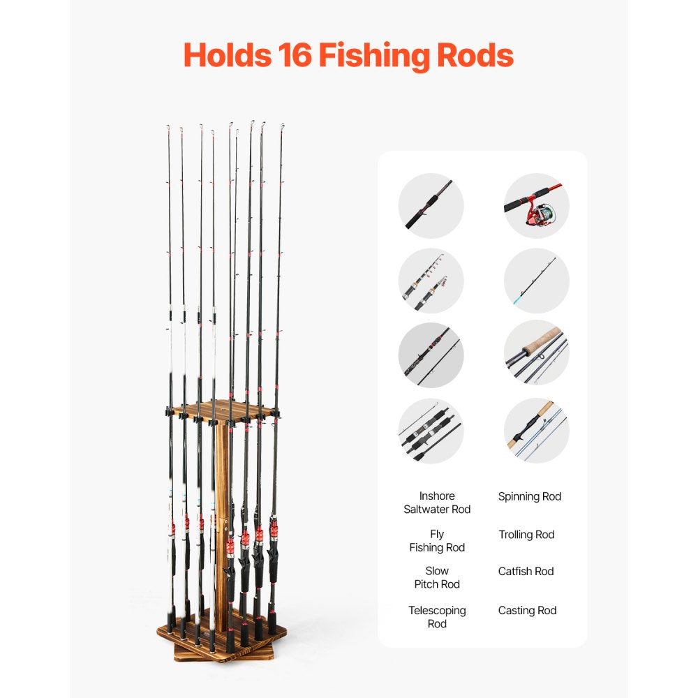 VEVOR Fishing Rod Holders for 16 Fishing Poles, 360° Rotating Wood Fishing Rods Rack for Garage Organization and Storage, Floor Stand Space-Saving Equipment, for Reels Gear Accessories, Gifts for Men