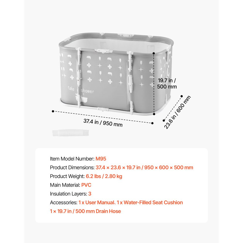 VEVOR Portable Foldable Bathtub 37.4"x23.6"x19.7" Soaking for Adults Gray, for Bathroom Shower Stall, 3-Layer Insulation, Space Saving, Family Hot SPA Ice Bath Tub with 2 Drain Ports, Indoor Outdoor