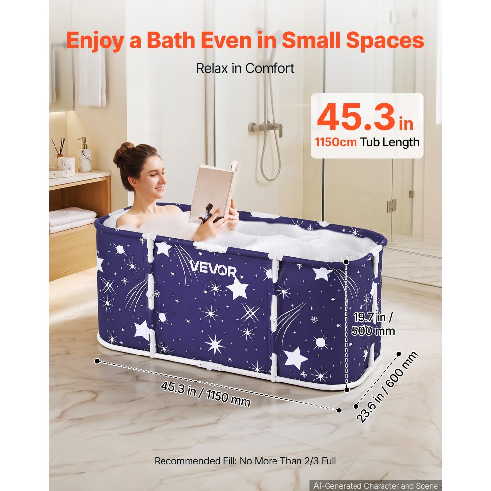 VEVOR Portable Foldable Bathtub 45.3"x23.6"x19.7" Soaking for Adults Blue, for Bathroom Shower Stall, 3-Layer Insulation, Space Saving, Family Hot SPA Ice Bath Tub with 2 Drain Ports, Indoor Outdoor