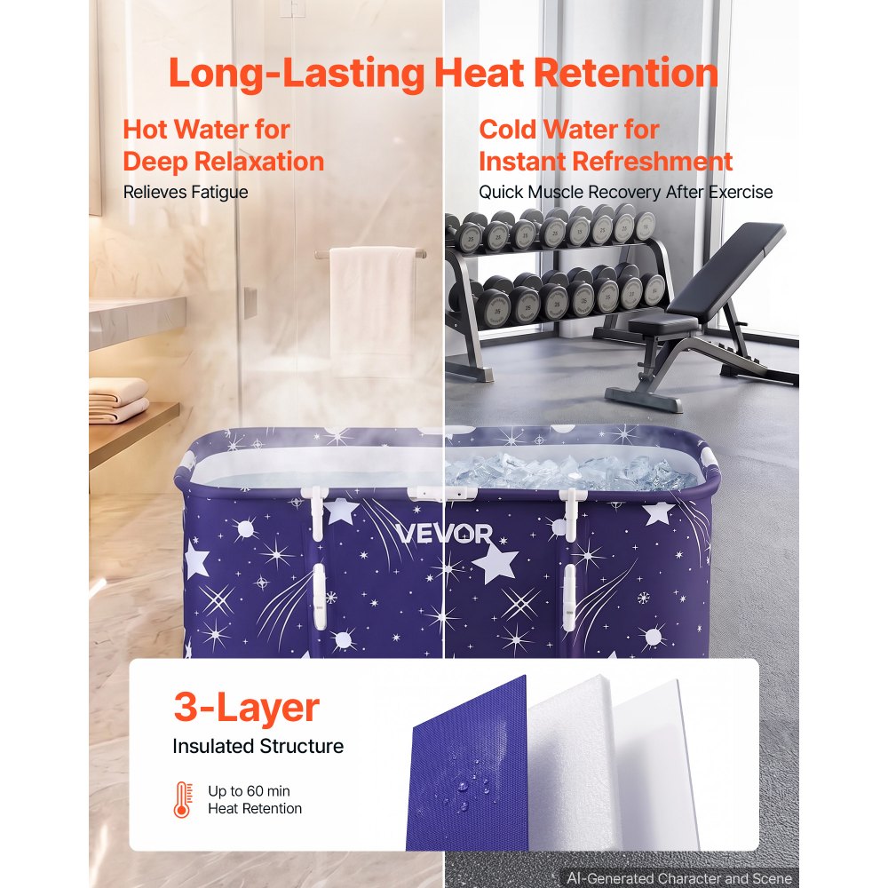 VEVOR Portable Foldable Bathtub 45.3"x23.6"x19.7" Soaking for Adults Blue, for Bathroom Shower Stall, 3-Layer Insulation, Space Saving, Family Hot SPA Ice Bath Tub with 2 Drain Ports, Indoor Outdoor