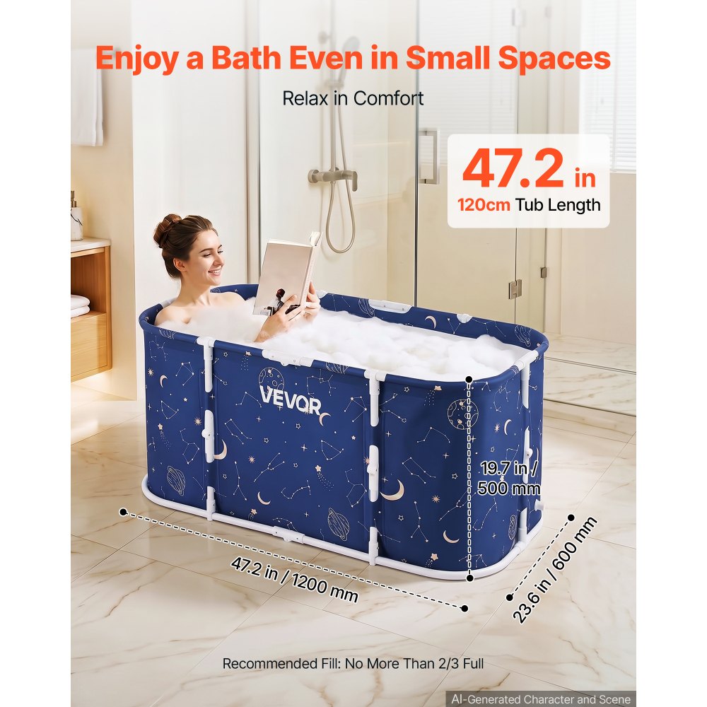 VEVOR Portable Foldable Bathtub 47.2"x23.6"x19.7" Soaking for Adults Blue, for Bathroom Shower Stall, 3-Layer Insulation, Space Saving, Family Hot SPA Ice Bath Tub with 2 Drain Ports, Indoor Outdoor