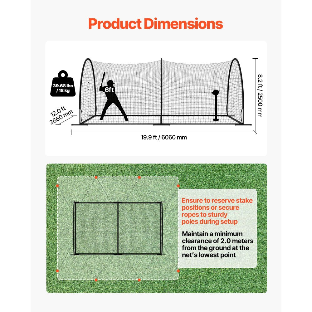 VEVOR Baseball Batting Cage, 19.9 x 12.0 x 8.2 FT Freestanding Hitting Net, for Indoor & Outdoor Practice, 30-Ply Knotted HDPE Netting with Pitching Machine Opening, Baseball Training Net for Teams