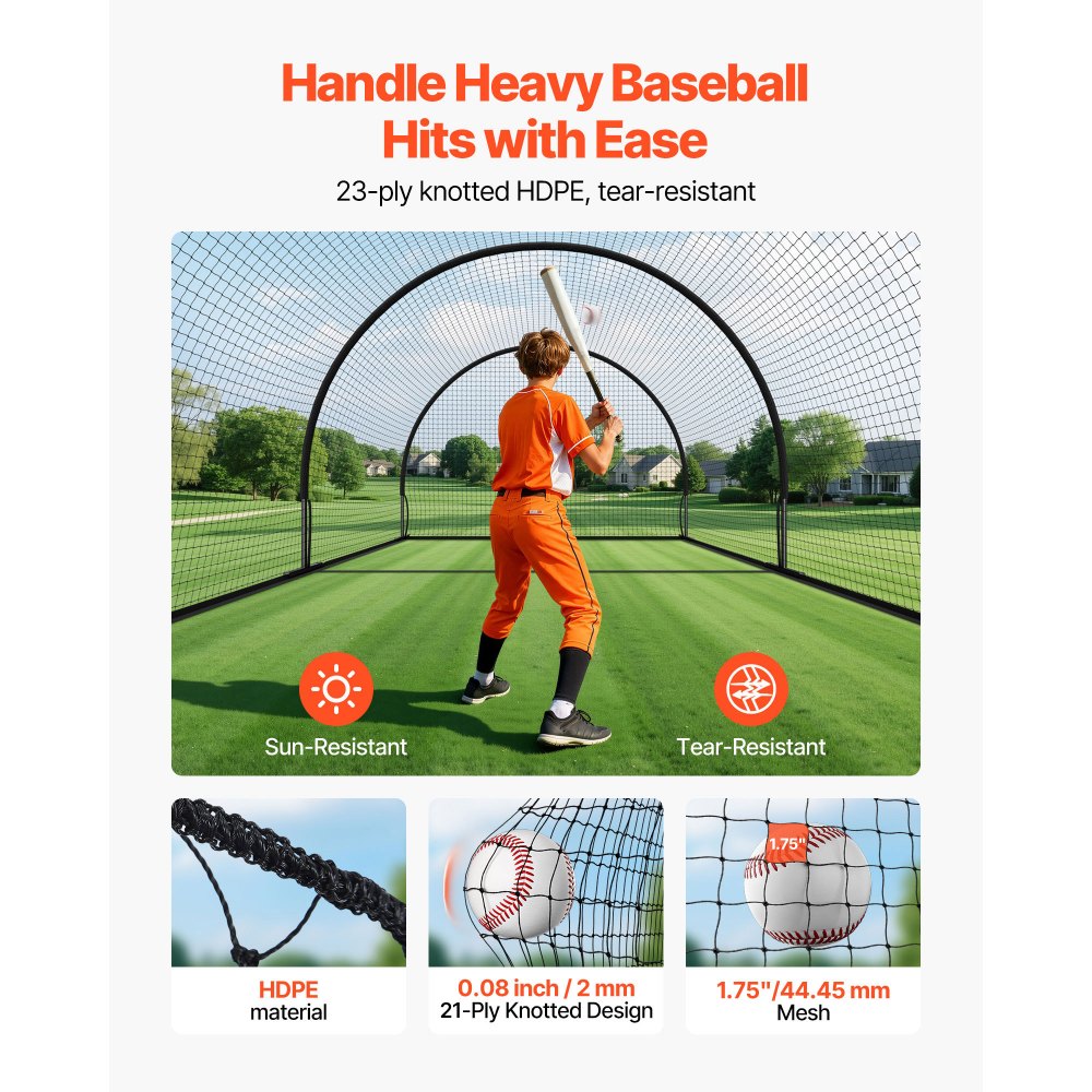 VEVOR Baseball Batting Cage, 19.9 x 12.0 x 8.2 FT Freestanding Hitting Net, for Indoor & Outdoor Practice, 30-Ply Knotted HDPE Netting with Pitching Machine Opening, Baseball Training Net for Teams