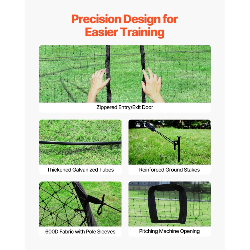 VEVOR Baseball Batting Cage, 19.9 x 12.0 x 8.2 FT Freestanding Hitting Net, for Indoor & Outdoor Practice, 30-Ply Knotted HDPE Netting with Pitching Machine Opening, Baseball Training Net for Teams