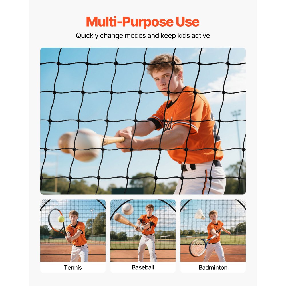 VEVOR Baseball Batting Cage, 19.9 x 12.0 x 8.2 FT Freestanding Hitting Net, for Indoor & Outdoor Practice, 30-Ply Knotted HDPE Netting with Pitching Machine Opening, Baseball Training Net for Teams