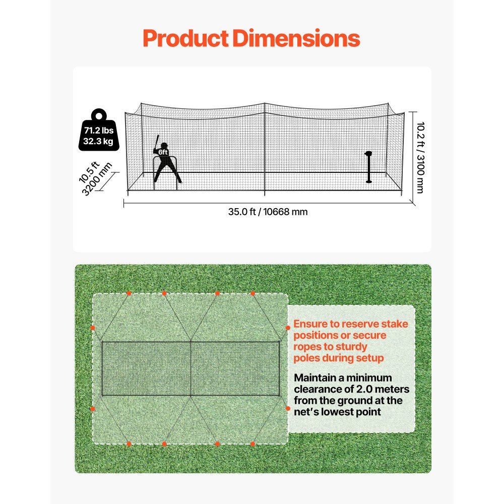 VEVOR Baseball Batting Cage, 35.0 x 10.5 x 10.2 FT Freestanding Portable Batting Cage, Hitting Cages with 45-Ply Knotted HDPE & Long Positioning Ropes, Battings Cages Netting for Indoor Outdoor