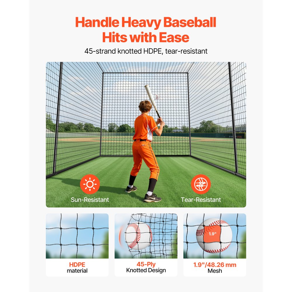 VEVOR Baseball Batting Cage, 35.0 x 10.5 x 10.2 FT Freestanding Portable Batting Cage, Hitting Cages with 45-Ply Knotted HDPE & Long Positioning Ropes, Battings Cages Netting for Indoor Outdoor