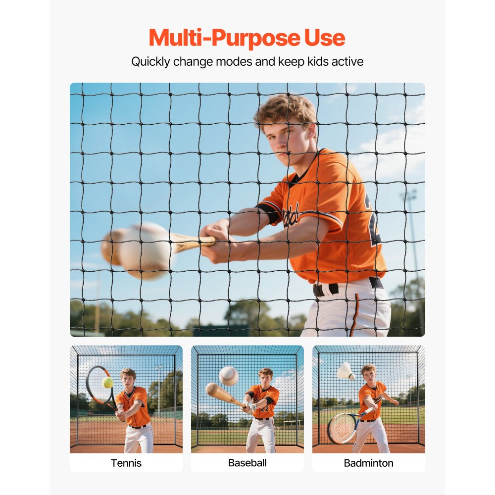 VEVOR Baseball Batting Cage, 35.0 x 10.5 x 10.2 FT Freestanding Portable Batting Cage, Hitting Cages with 45-Ply Knotted HDPE & Long Positioning Ropes, Battings Cages Netting for Indoor Outdoor