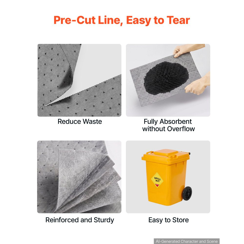 VEVOR Complete Spill Absorbent Kit for Oil & Water, 40PCS Heavy-Duty Oil Absorbent Pads, 3 Socks, 2 Pillows, 5 Hazardous Material Bags, 20-Gallon Wheeled Drum for Garage Workshop Spill Control