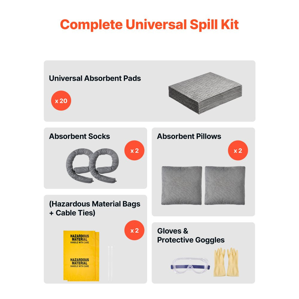 VEVOR Complete Spill Absorbent Kit for Oil & Water, 20PCS Medium-Duty Spill Absorbent Pads, 2 Socks, 2 Pillows, 2 Hazardous Material Bags, 1 Carrying Bag for Garage Workshop Spill Control & Cleanup