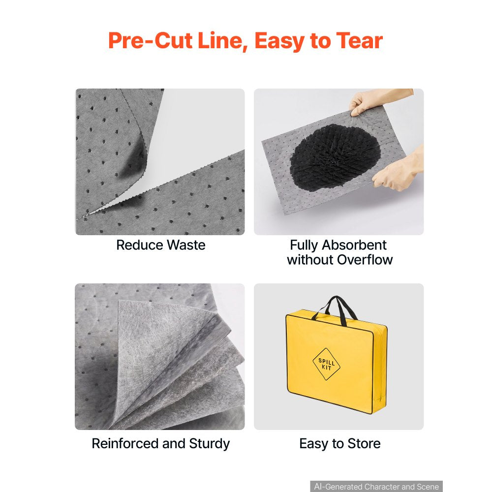 VEVOR Complete Spill Absorbent Kit for Oil & Water, 20PCS Medium-Duty Spill Absorbent Pads, 2 Socks, 2 Pillows, 2 Hazardous Material Bags, 1 Carrying Bag for Garage Workshop Spill Control & Cleanup