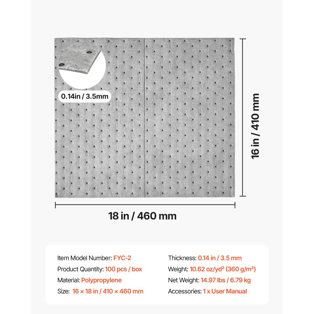 VEVOR Oil & Water Absorbent Pads, 16" x 18" 100-Pack, Heavy-Duty Spill Absorbing Pads, Universal for Gasoline/Engine Oil/Water/Coolant, Durable PP Spill Control Mats for Garage Workshop Factory