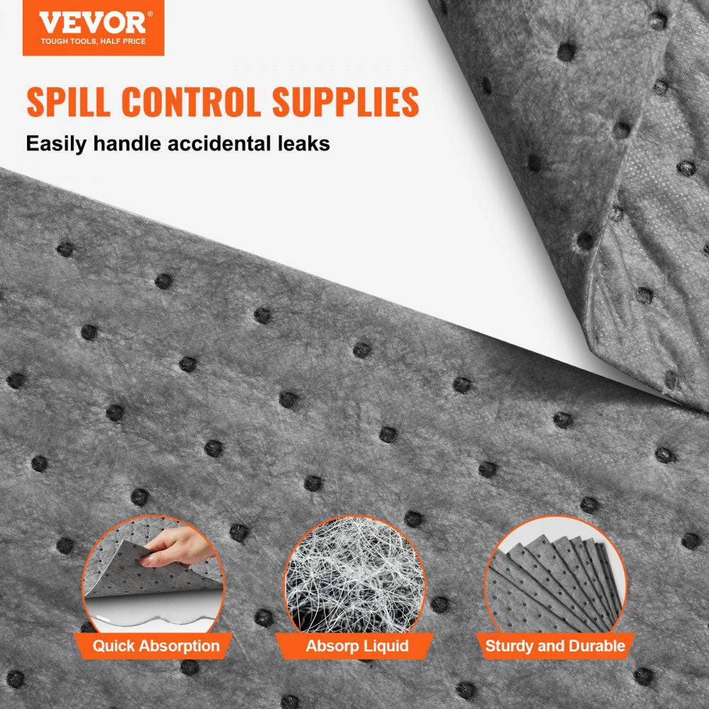 VEVOR Spill Absorbent Pads, Universal Absorbing Mat Absorbs up 12 Gal, 13" L x10" W Polypropylene Absorbent Pad for Oil, Water and Other Liquids, Pack of 100