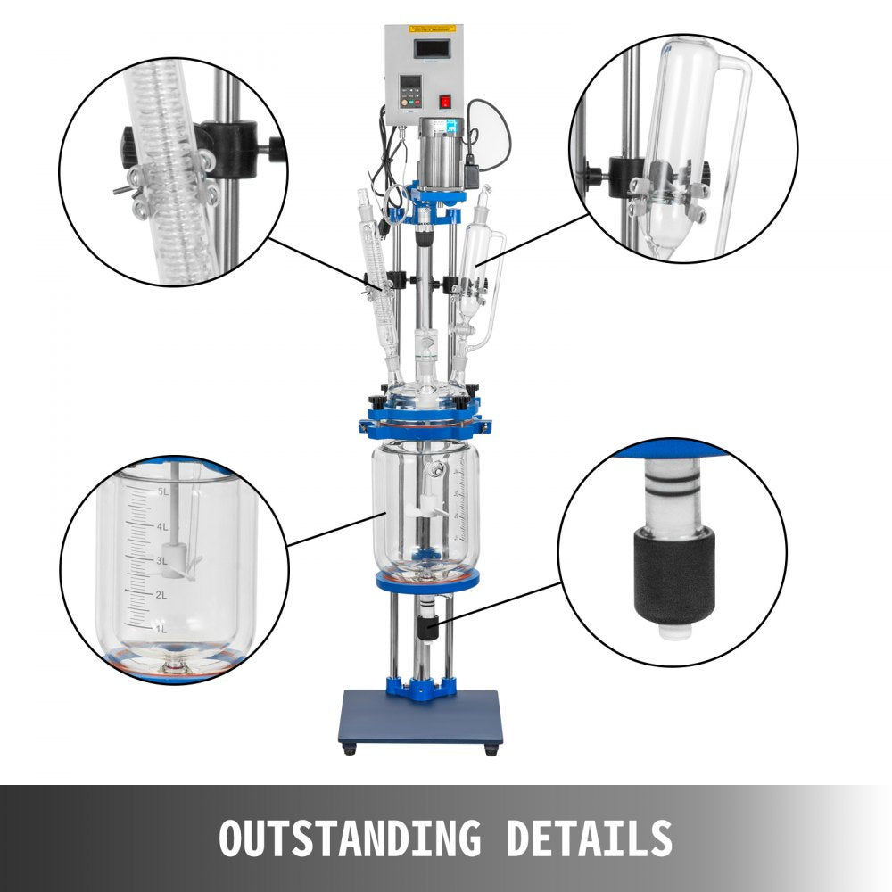 VEVOR Jacketed Reactor 5L Laboratory Glass Reactor, Jacketed Glass Reactor, Chemical Reaction Vessel, Lab Jacketed Reactor, Reaction Vessel Chemistry, With Digital Display, For Reaction Distillation