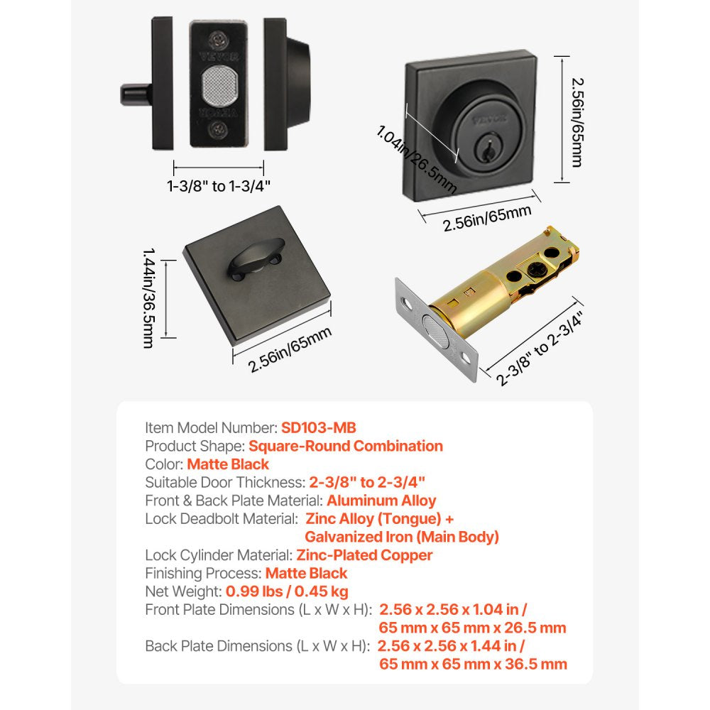 VEVOR Deadbolt Lock, Square Single Cylinder Dead Bolt, Keyed 1 Side, Fits Standard Size Interior and Exterior Doors, Full Metal, with 3 Keys, for Front Entry Door Residential Security, Matte Black