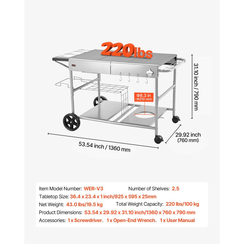 VEVOR Outdoor Grill Cart, 36.4 x 23.4 x 1 inch Tabletop Size Grilling Table, Movable Outdoor Cooking Table with 4 Spice Containers, Wheels, Lids, Hooks, BBQ Prep Tables for Picnic, Kitchen, Courtyard