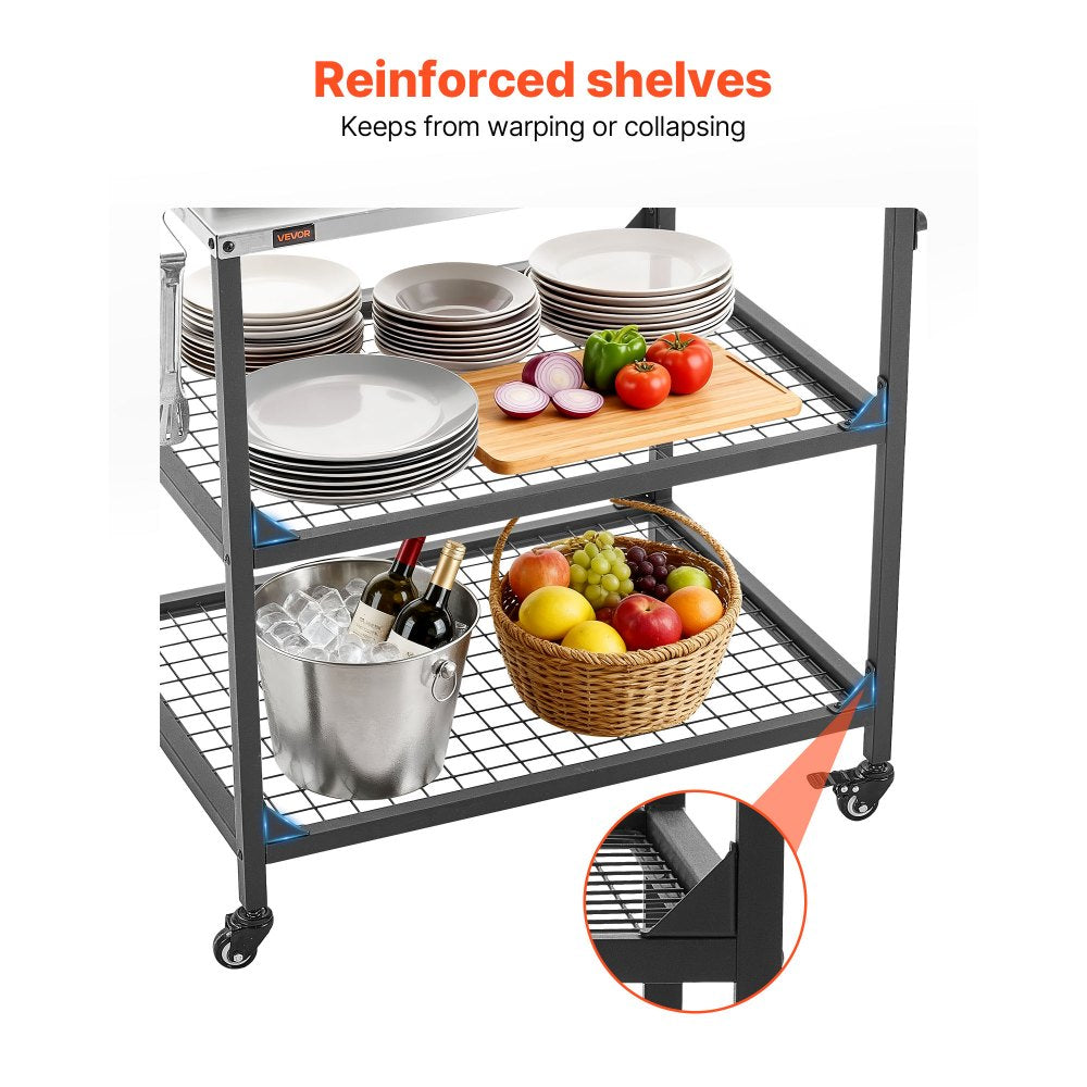 VEVOR Outdoor Grill Cart, 31.5 x 24.0 inch Stainless Steel Tabletop Size Grilling Table, Outdoor Cooking Table with 4 Wheels & Side Handle, Two Mesh Shelves, BBQ Prep Tables for Patio, Garden